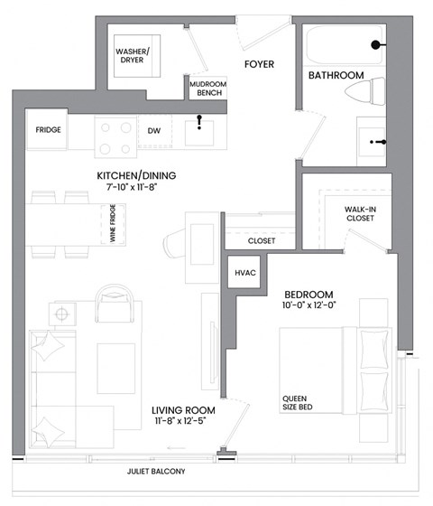 Floor plan for 1 bed, 1 bath, 572 sqft